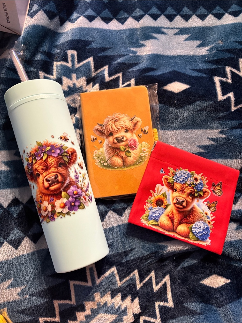 Floral Highland Cow Tumbler & Accessories Set - White, Orange, Red